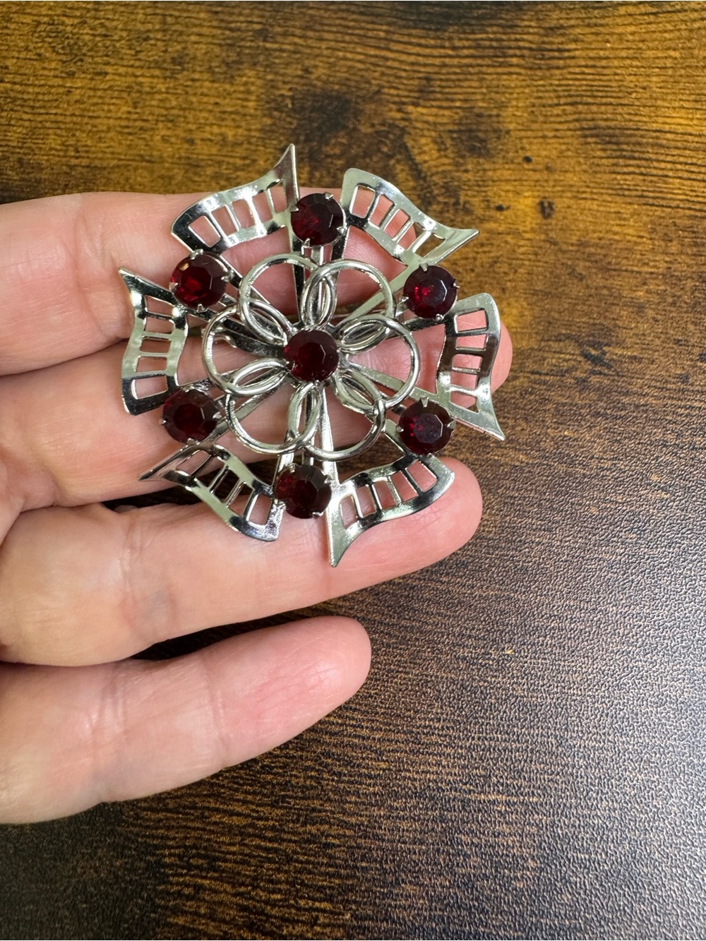 Vintage Silver-Tone 1960’s Brooch with Deep Red Stones